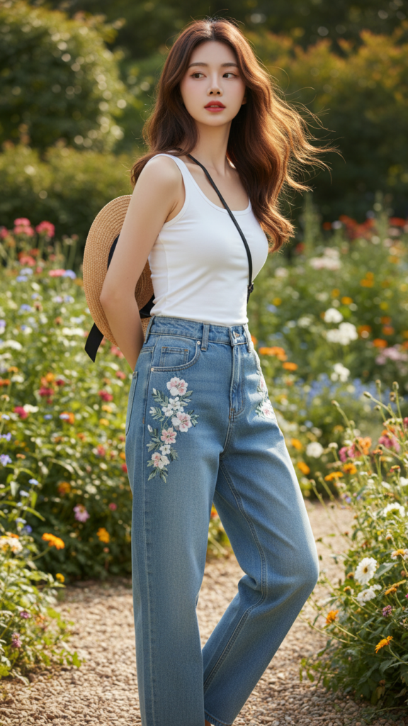 Tạo dáng thời trang với jeans ôm hông giữa thiên nhiên xanh mát