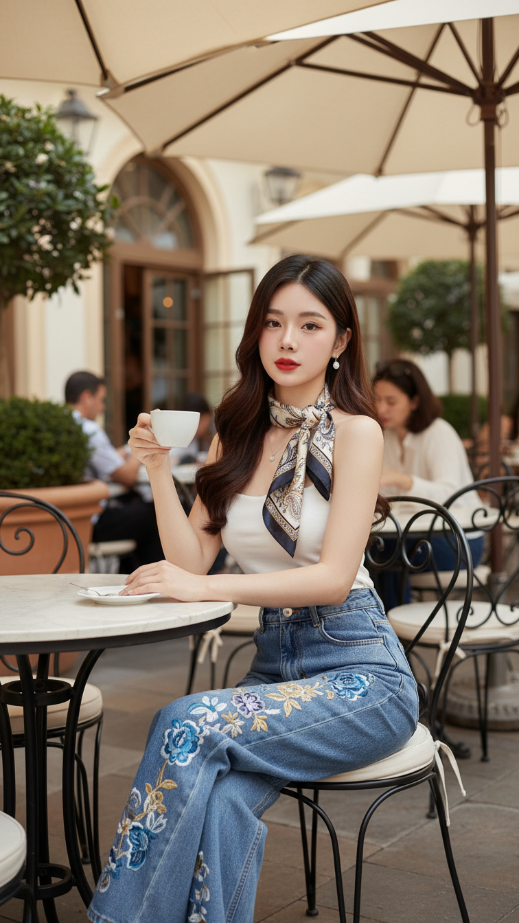 Tận hưởng vẻ đẹp thanh lịch của cô gái trong bộ jeans high-waisted phong cách tại quán cafe sang trọng