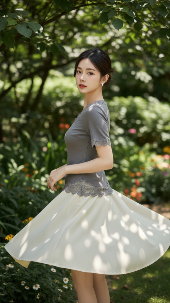 Chân dung thiếu nữ trong vườn xanh với trang phục thanh lịch và ánh nắng rực rỡ