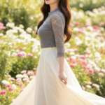 Chân dung thực tế cô gái trẻ trong vườn hoa nắng đẹp, thời trang dịu dàng và tự nhiên