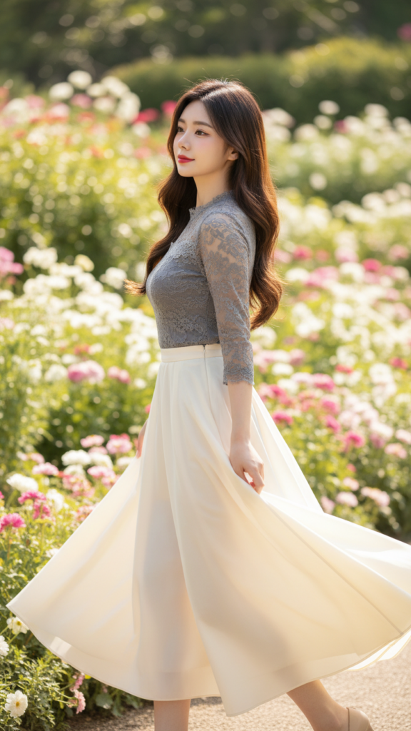 Chân dung thực tế cô gái trẻ trong vườn hoa nắng đẹp, thời trang dịu dàng và tự nhiên