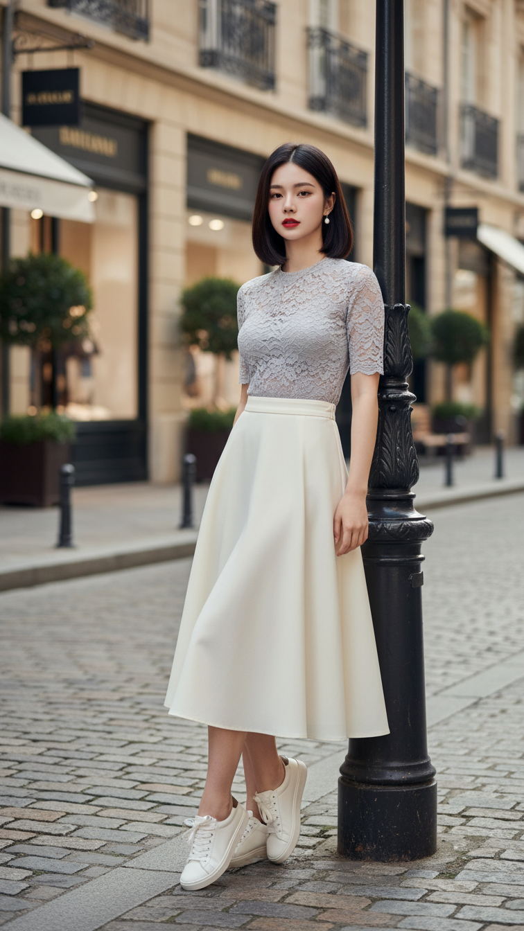 Chân dung thanh lịch của cô gái trẻ giữa phố thời trang sang trọng