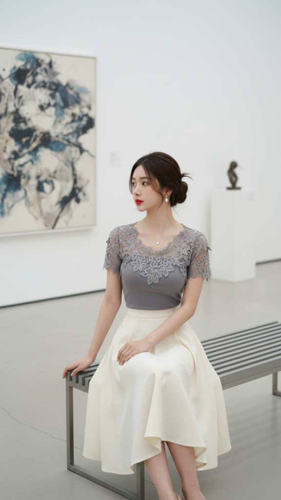 Chân dung nghệ thuật của cô gái trẻ trong không gian gallery hiện đại