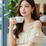 Chân dung cô gái trẻ trong quán cà phê sang trọng với váy xếp tầng nữ tính