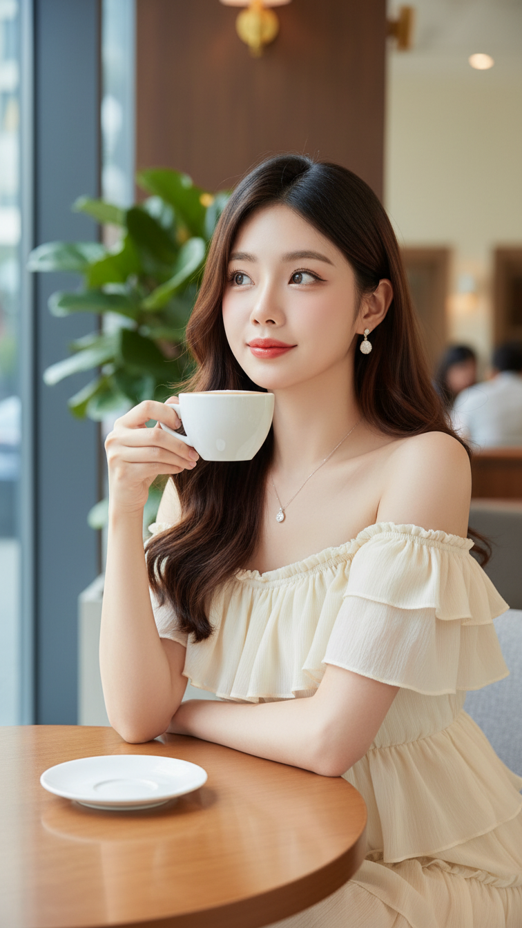 Chân dung cô gái trẻ trong quán cà phê sang trọng với váy xếp tầng nữ tính