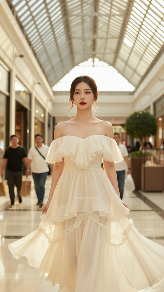 Chân dung thanh lịch của cô gái trẻ giữa không gian mua sắm sang trọng