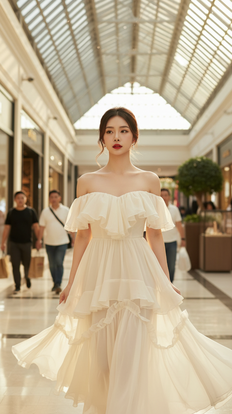 Chân dung thanh lịch của cô gái trẻ giữa không gian mua sắm sang trọng