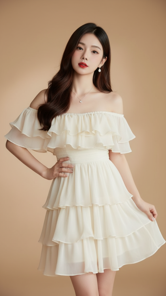 Bức chân dung trẻ trung tuyệt đẹp trong chiếc váy kem nhẹ nhàng tại studio ấm áp