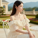 Bức chân dung đẹp của cô gái trẻ với váy off-shoulder trên sân thượng của biệt thự.