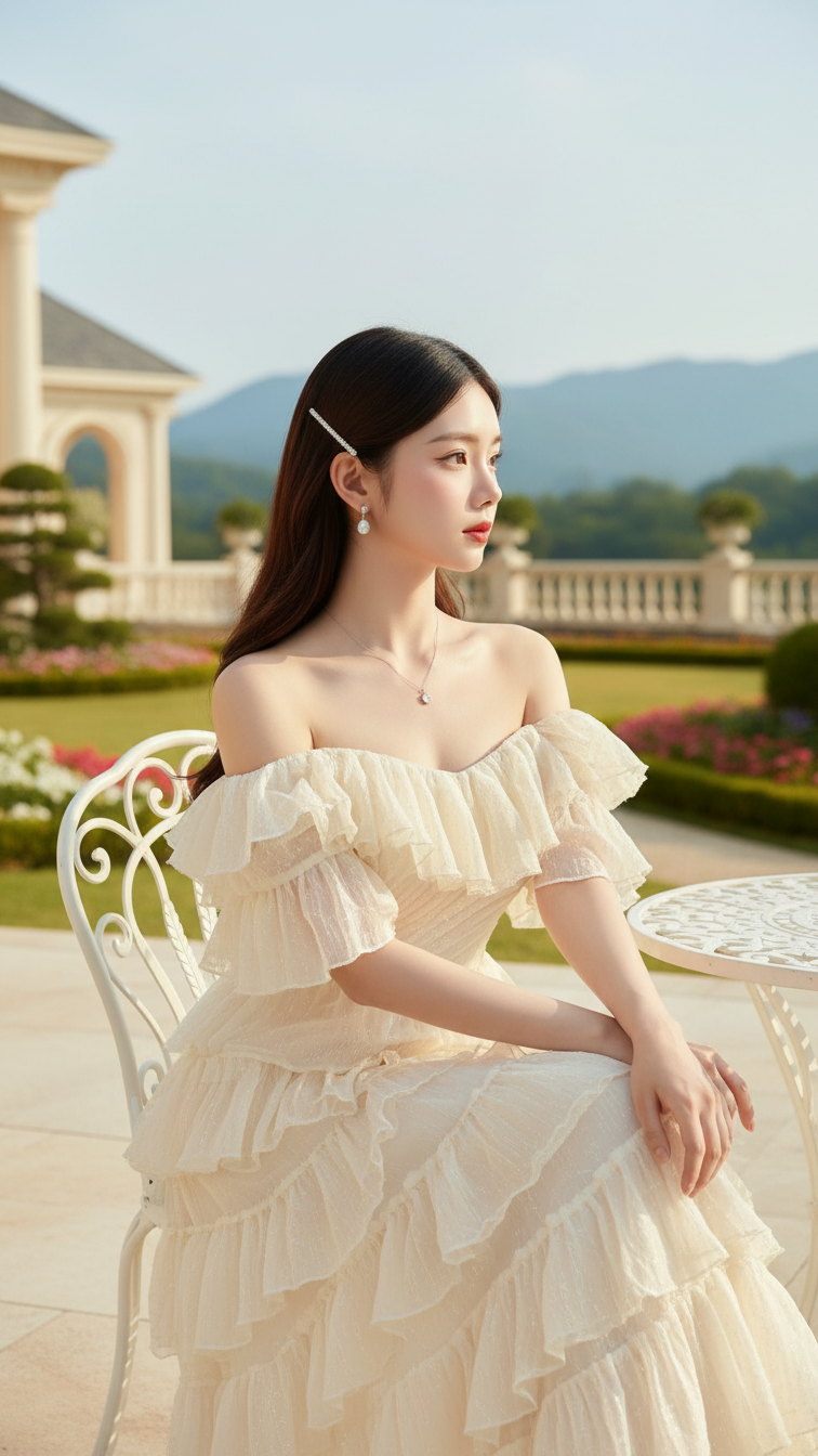 Bức chân dung đẹp của cô gái trẻ với váy off-shoulder trên sân thượng của biệt thự.
