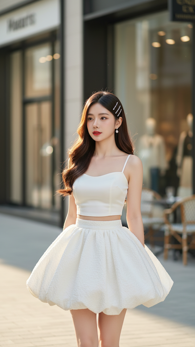 Chân dung cô gái trẻ trong trang phục thanh lịch giữa phố hiện đại ánh sáng tự nhiên