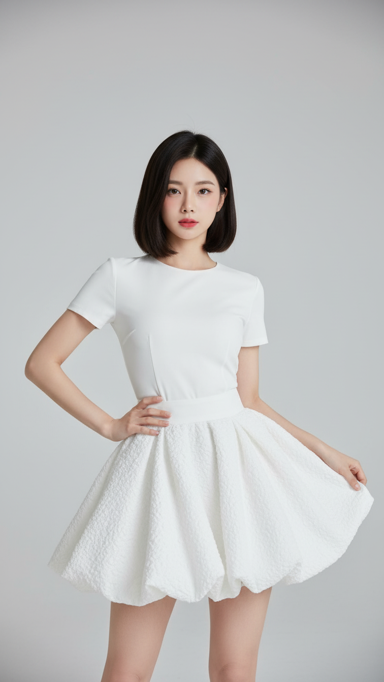 Chân dung hiện đại của cô gái trẻ trong trang phục thanh lịch ở studio tối giản