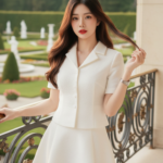 Chân dung cô gái trẻ thanh lịch trên hiên nhà sang trọng