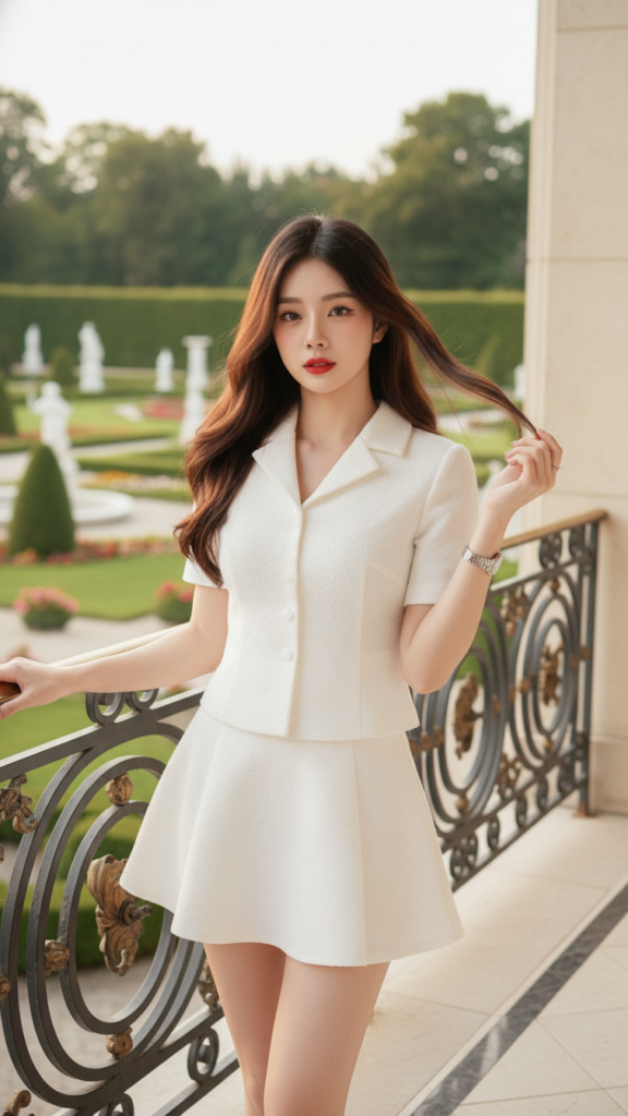 Chân dung cô gái trẻ thanh lịch trên hiên nhà sang trọng