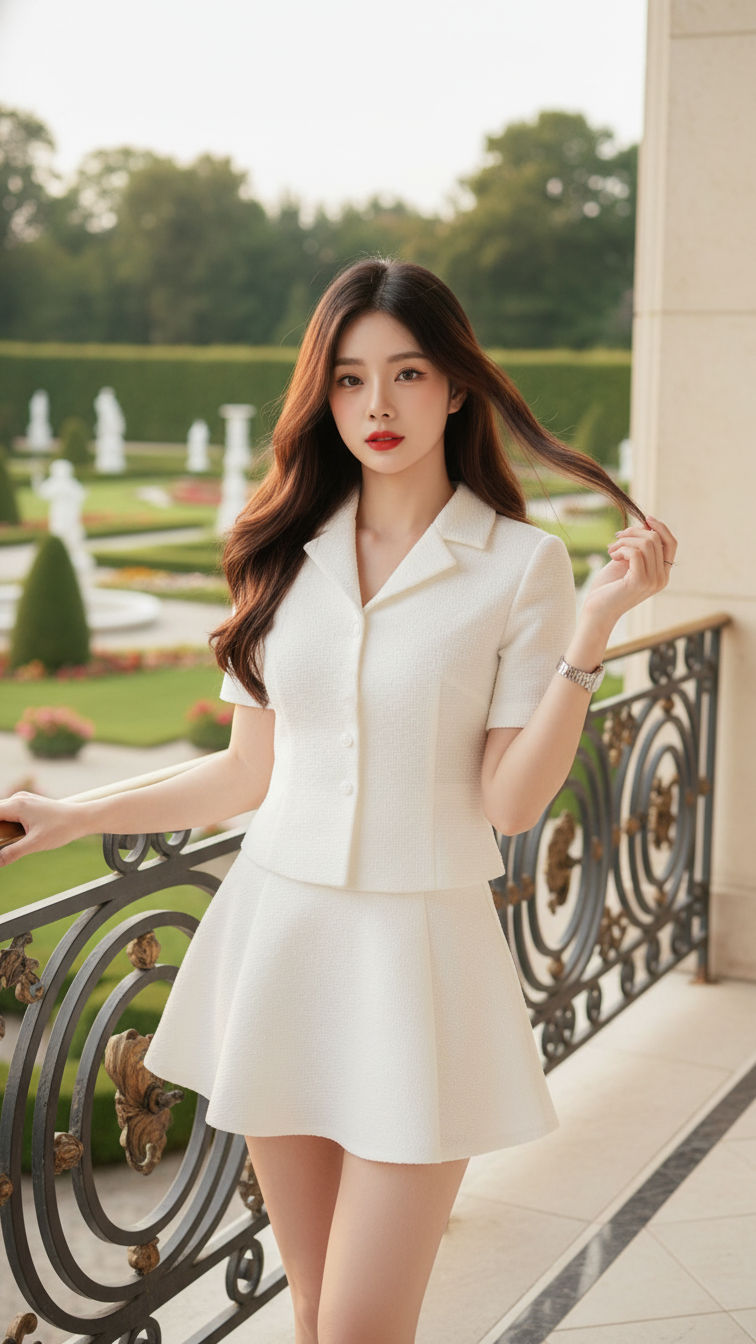 Chân dung cô gái trẻ thanh lịch trên hiên nhà sang trọng