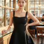 Chân dung cô gái trẻ trong trang phục bodycon đen tại quán cà phê Paris cổ điển