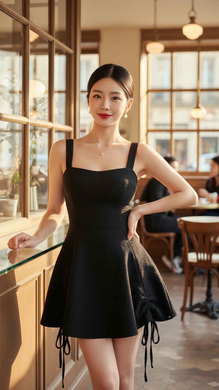 Chân dung cô gái trẻ trong trang phục bodycon đen tại quán cà phê Paris cổ điển