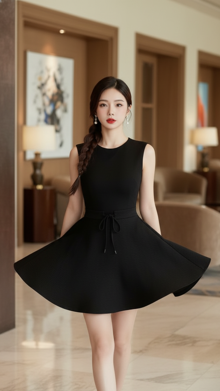 Chân dung ấn tượng của người mẫu trẻ với áo đầm bodycon đen trong khách sạn sang trọng