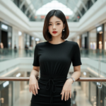Chân dung cô gái trẻ trong váy bodycon đen tại trung tâm mua sắm hiện đại