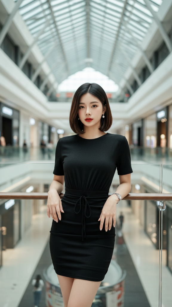 Chân dung cô gái trẻ trong váy bodycon đen tại trung tâm mua sắm hiện đại