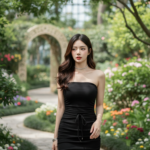 Chân dung thanh lịch của người mẫu trong trang phục bodycon đen tại vườn thực vật