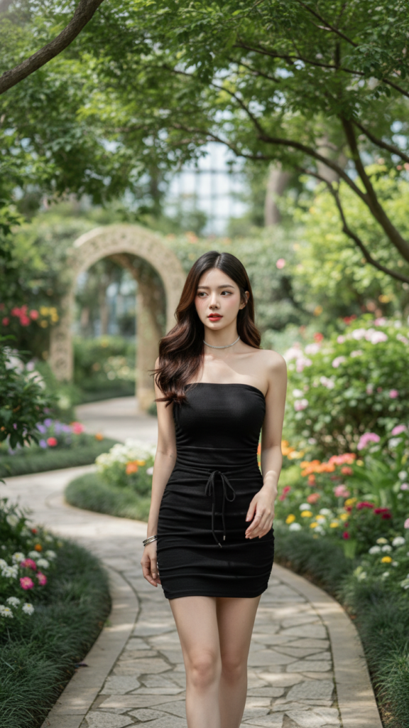 Chân dung thanh lịch của người mẫu trong trang phục bodycon đen tại vườn thực vật