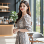 Chân dung nữ thanh lịch trong bộ đầm hoa xám tại quán cafe sang trọng