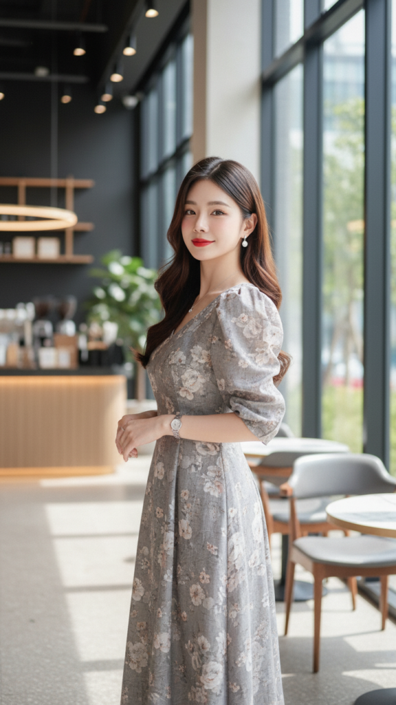 Chân dung nữ thanh lịch trong bộ đầm hoa xám tại quán cafe sang trọng