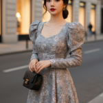Chân dung nữ thanh lịch trong bộ váy hoa xám giữa phố phường đô thị sang trọng