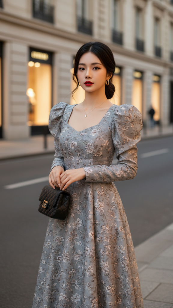 Chân dung nữ thanh lịch trong bộ váy hoa xám giữa phố phường đô thị sang trọng