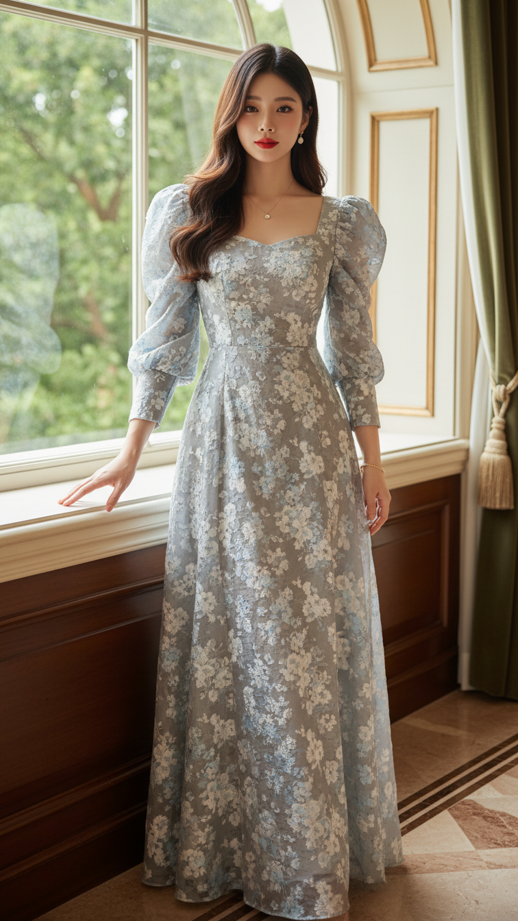 Chân dung cô gái trẻ trong váy hoa xám ở biệt thự sang trọng