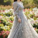 Chân dung cô gái trẻ trong váy hoa xám giữa khu vườn rực rỡ nắng sáng