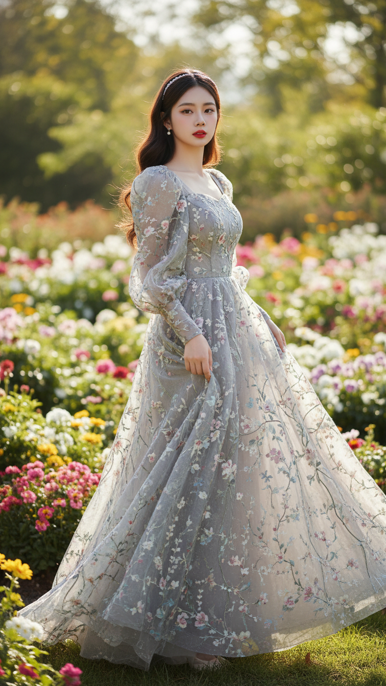 Chân dung cô gái trẻ trong váy hoa xám giữa khu vườn rực rỡ nắng sáng