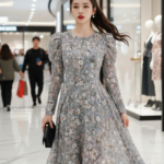 Chân dung tựa thật của cô gái trẻ trong bộ váy hoa thanh lịch tại trung tâm thương mại