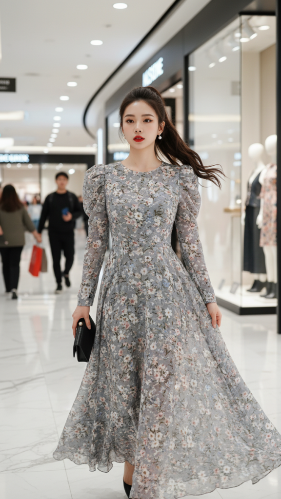Chân dung tựa thật của cô gái trẻ trong bộ váy hoa thanh lịch tại trung tâm thương mại