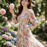 Chân dung cô gái trẻ thanh lịch trong khu vườn hoa nắng rọi tuyệt đẹp