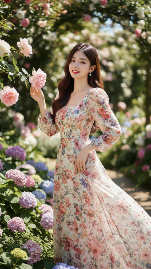 Chân dung cô gái trẻ thanh lịch trong khu vườn hoa nắng rọi tuyệt đẹp