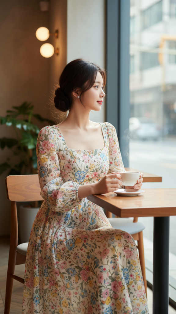 Chân dung cô gái trẻ bên cửa sổ quán cafe với đầm hoa tinh tế và nhẹ nhàng