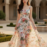 Chân dung cô gái trẻ trong bộ đầm hoa giữa vẻ đẹp phòng khách nguy nga