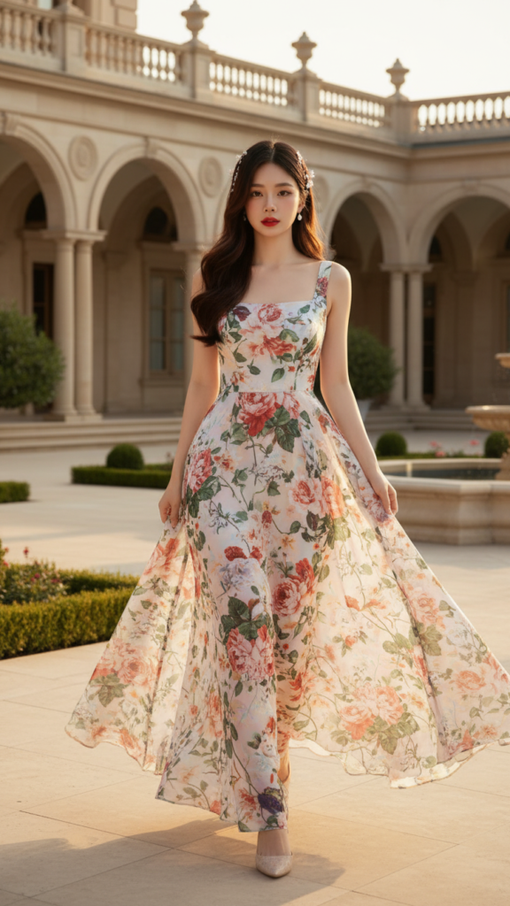 Chân dung cô gái trẻ trong bộ đầm hoa giữa vẻ đẹp phòng khách nguy nga