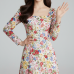 Chân dung thanh lịch của cô gái trẻ với váy hoa trong studio chuyên nghiệp