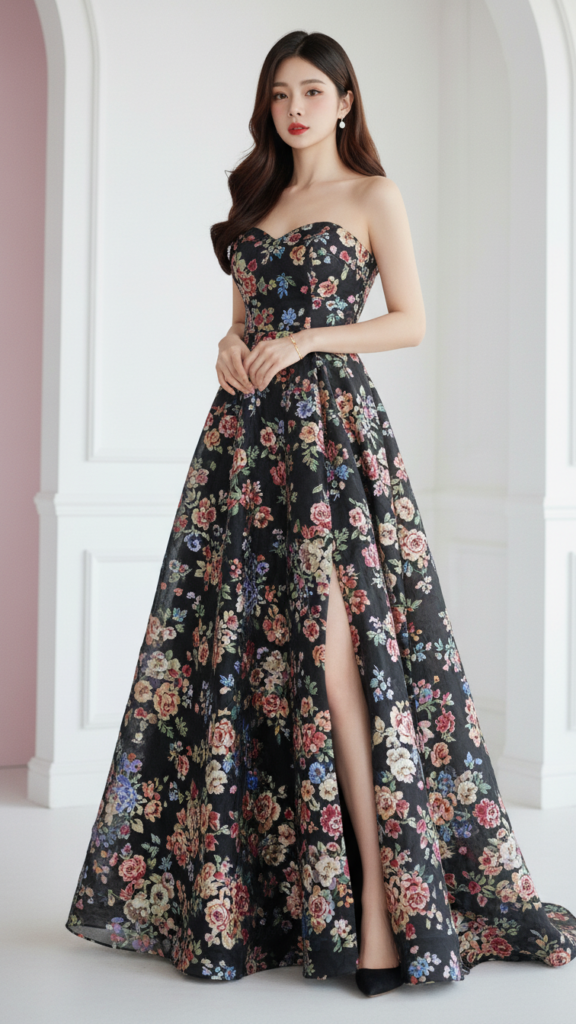 Chân dung nữ thanh niên tự tin trong bộ váy hoa đen thanh lịch tại studio chuyên nghiệp