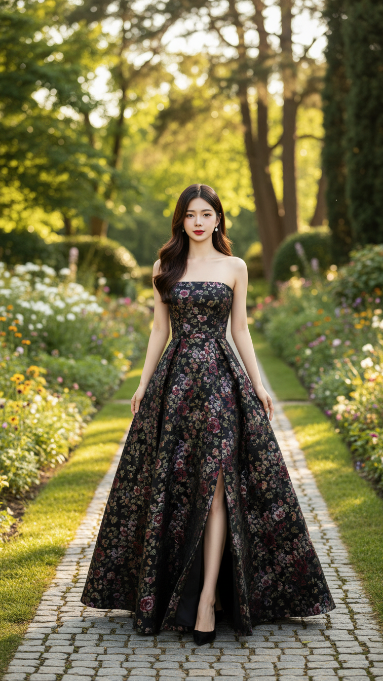 Chân dung cô gái trẻ nổi bật trong vườn hoa với đầm dài A-line tôn dáng.