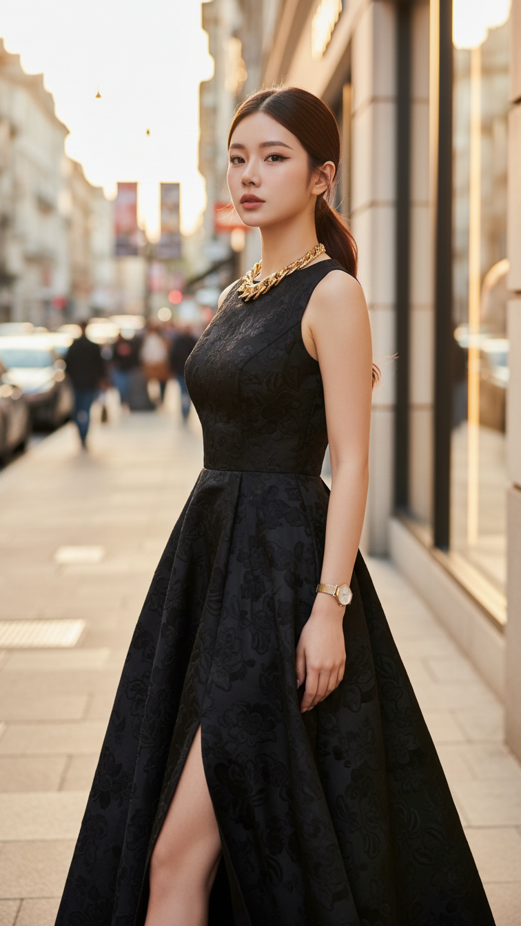 Chân dung thanh lịch trong bộ váy đen hoa giữa phố thời thượng tại thành phố lớn
