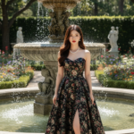 Chân dung thanh lịch của cô gái trẻ bên vòi phun nước trong khu vườn lung linh