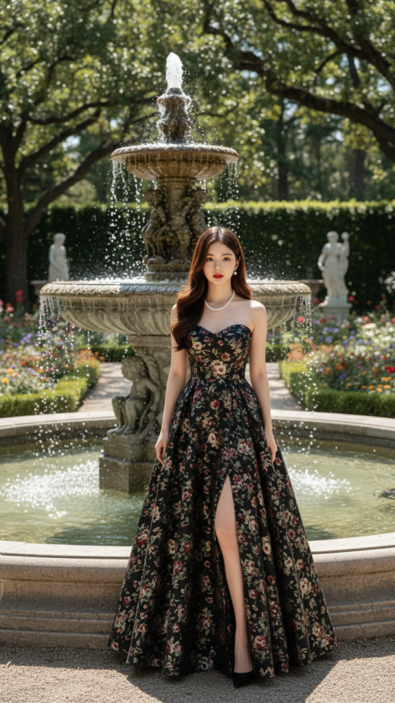 Chân dung thanh lịch của cô gái trẻ bên vòi phun nước trong khu vườn lung linh