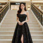 Chân dung thanh lịch của cô gái trẻ trong bộ váy hoa tại trung tâm thương mại sang trọng