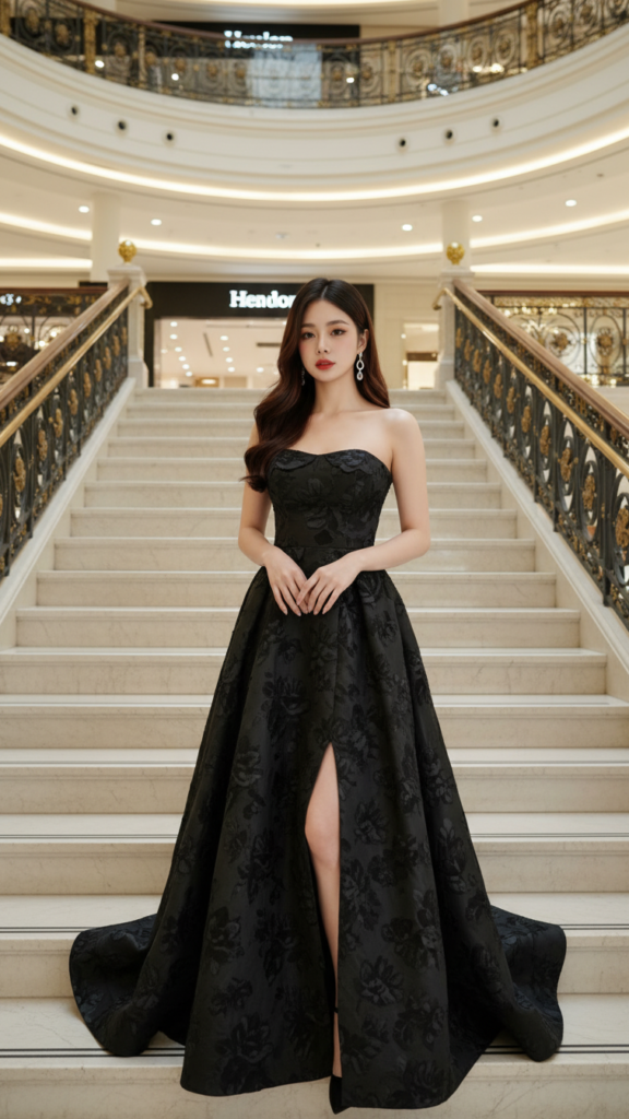 Chân dung thanh lịch của cô gái trẻ trong bộ váy hoa tại trung tâm thương mại sang trọng