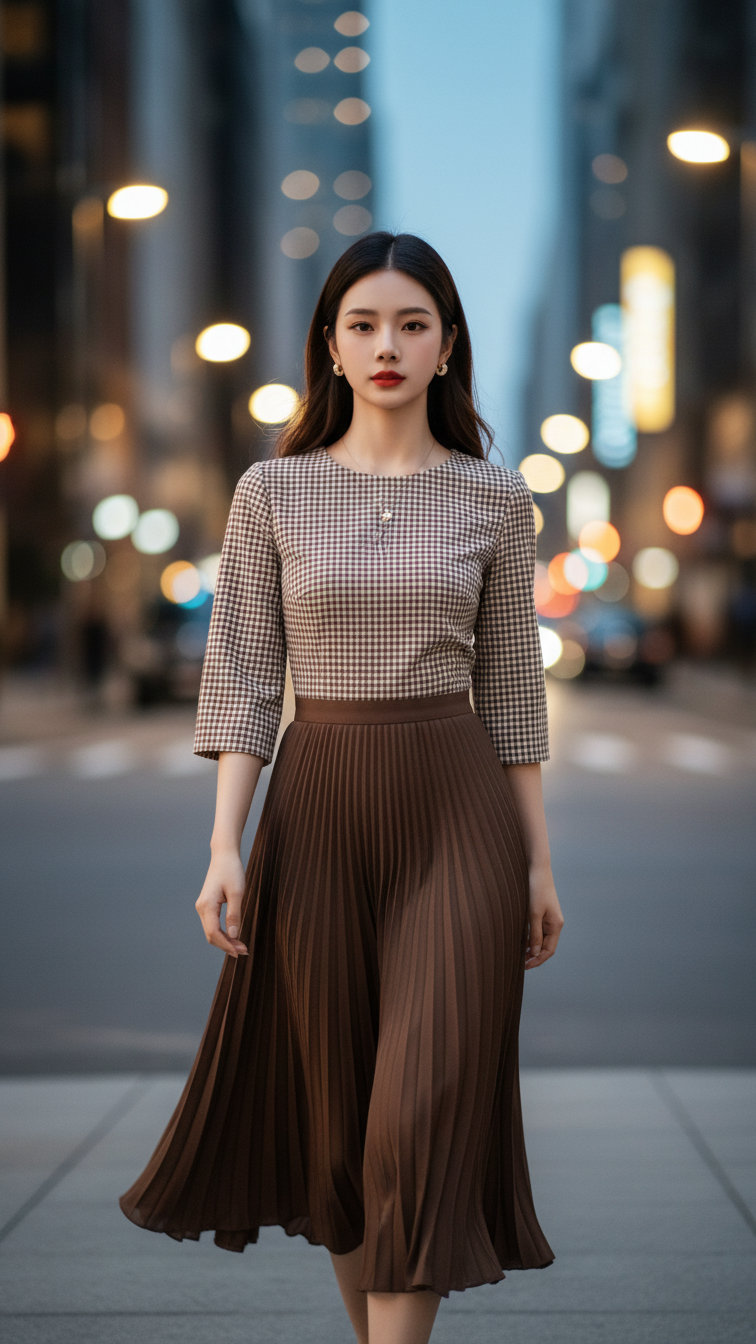 Chân dung thanh lịch của cô gái trẻ trong trang phục tinh tế giữa phố phường đô thị