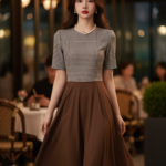 Vẽ chân dung thanh lịch của cô gái trẻ trong bộ váy xinh tại quán cà phê ngoài trời